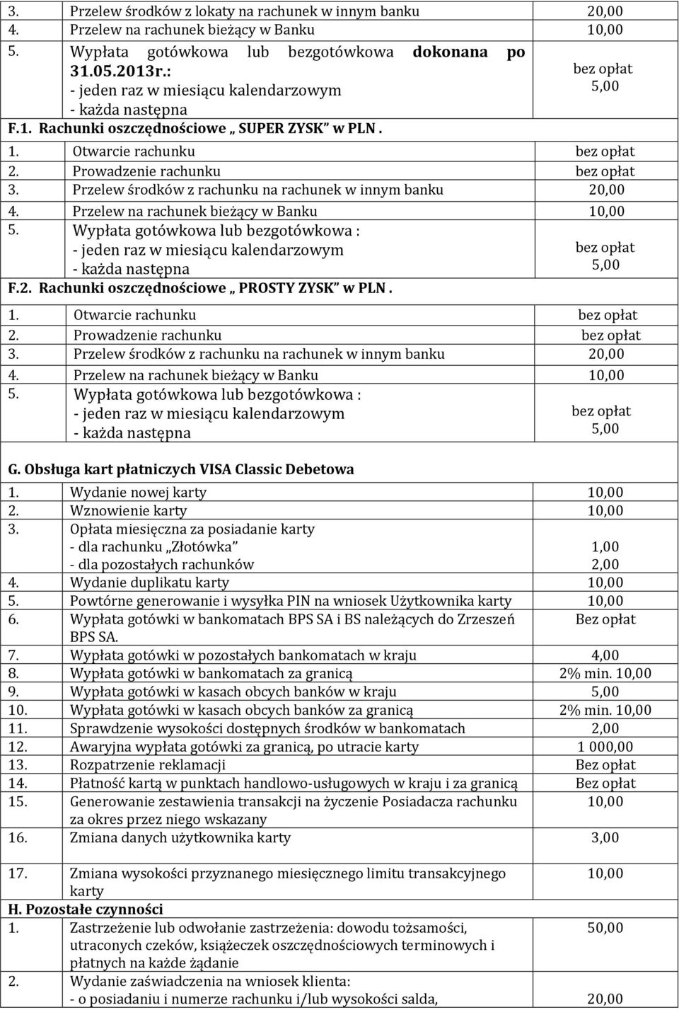 Przelew środków z rachunku na rachunek w innym banku 20,00 4. Przelew na rachunek bieżący w Banku 5. Wypłata gotówkowa lub bezgotówkowa : - jeden raz w miesiącu kalendarzowym - każda następna F.2. Rachunki oszczędnościowe PROSTY ZYSK w PLN.