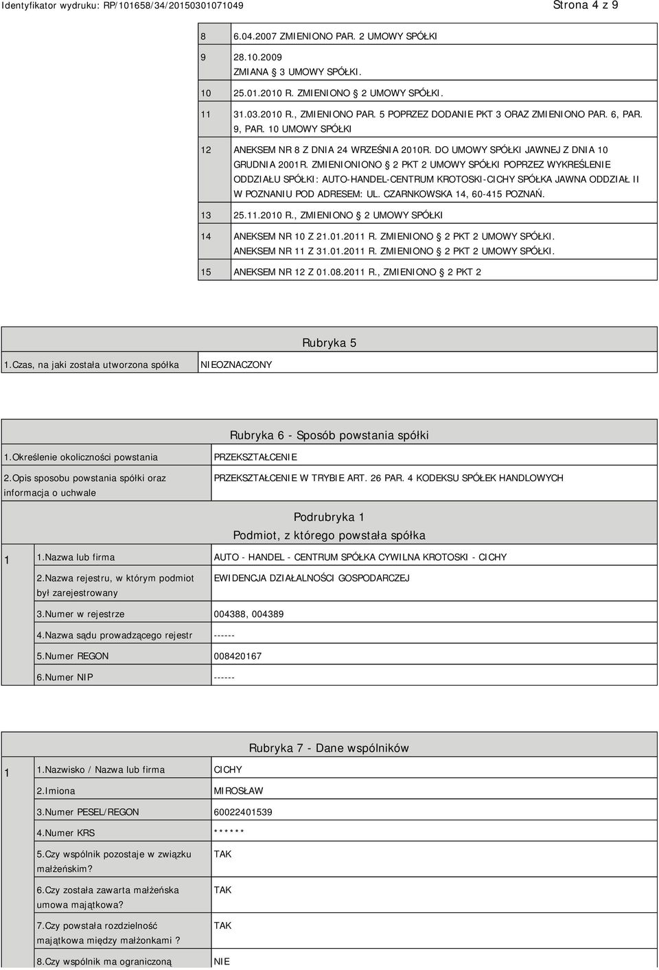 ZMIENIONIONO 2 PKT 2 UMOWY SPÓŁKI POPRZEZ WYKREŚLENIE ODDZIAŁU SPÓŁKI: AUTO-HANDEL-CENTRUM KROTOSKI-CICHY SPÓŁKA JAWNA ODDZIAŁ II W POZNANIU POD ADRESEM: UL. CZARNKOWSKA 14, 60-415 POZNAŃ. 13 25.11.