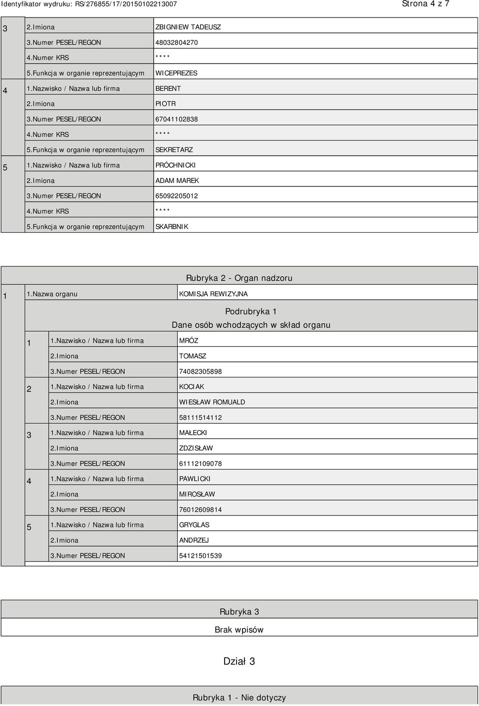 Nazwa organu KOMISJA REWIZYJNA Podrubryka 1 Dane osób wchodzących w skład organu 1 1.Nazwisko / Nazwa lub firma MRÓZ TOMASZ 3.Numer PESEL/REGON 74082305898 2 1.