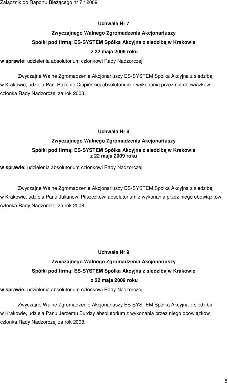 Uchwała Nr 8 w sprawie: udzielenia absolutorium członkowi Rady Nadzorczej w Krakowie, udziela Panu Julianowi Pilszczkowi absolutorium z wykonania przez