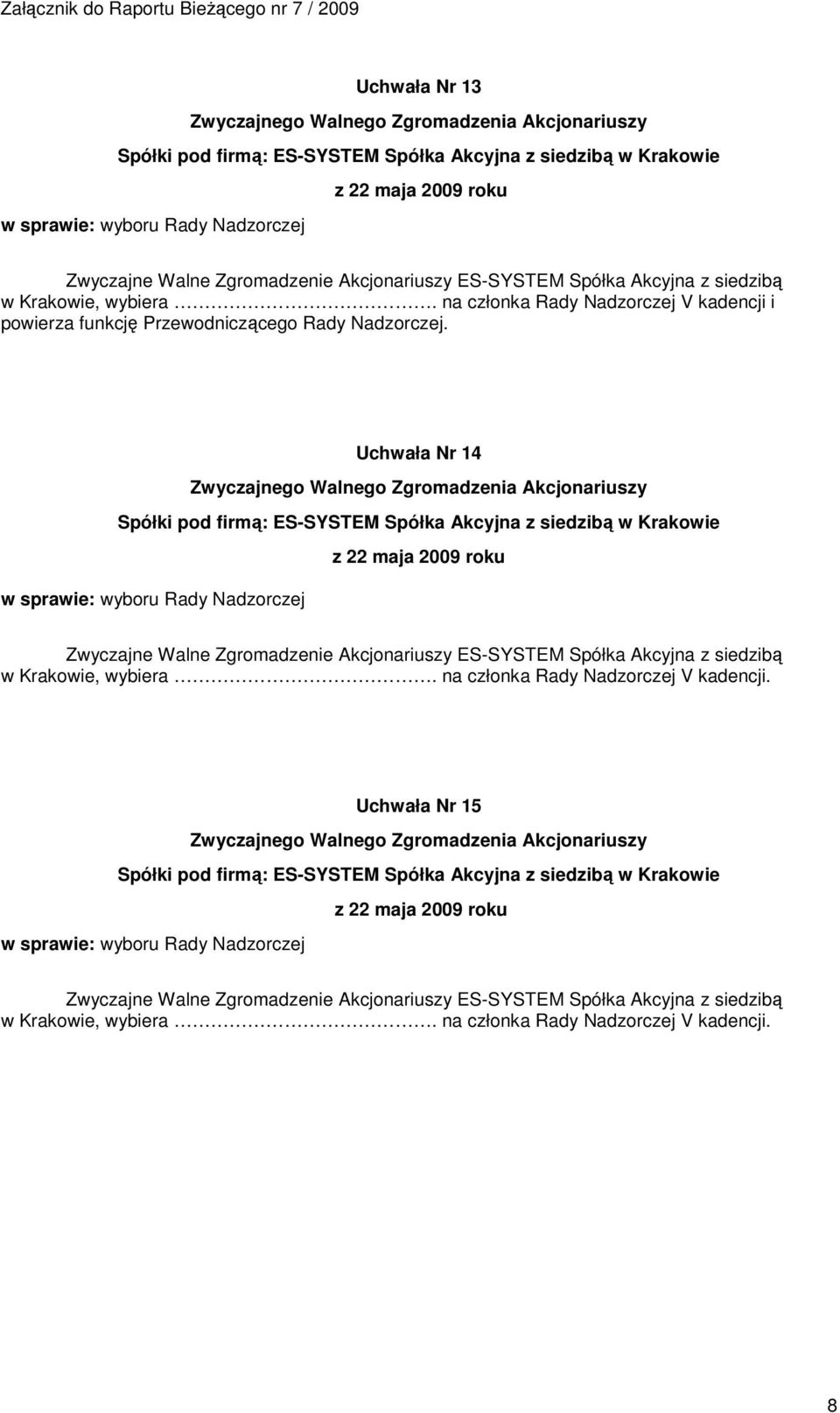 Uchwała Nr 14 w sprawie: wyboru Rady Nadzorczej w Krakowie, wybiera.