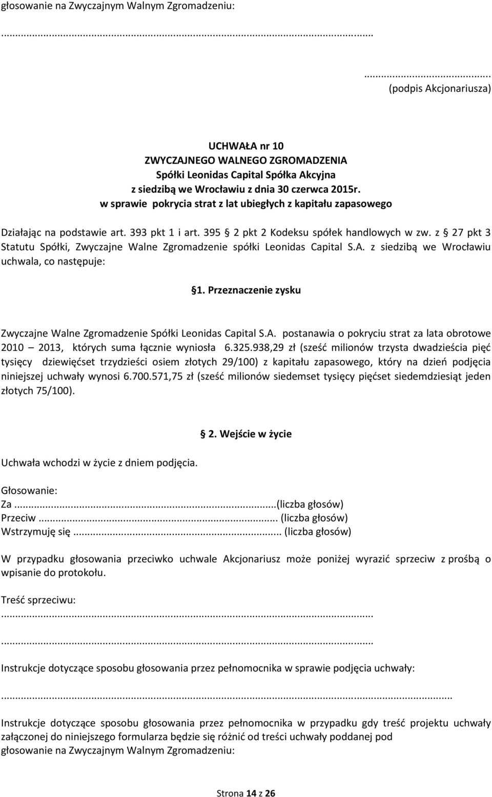 Przeznaczenie zysku Zwyczajne Walne Zgromadzenie Spółki Leonidas Capital S.A. postanawia o pokryciu strat za lata obrotowe 2010 2013, których suma łącznie wyniosła 6.325.