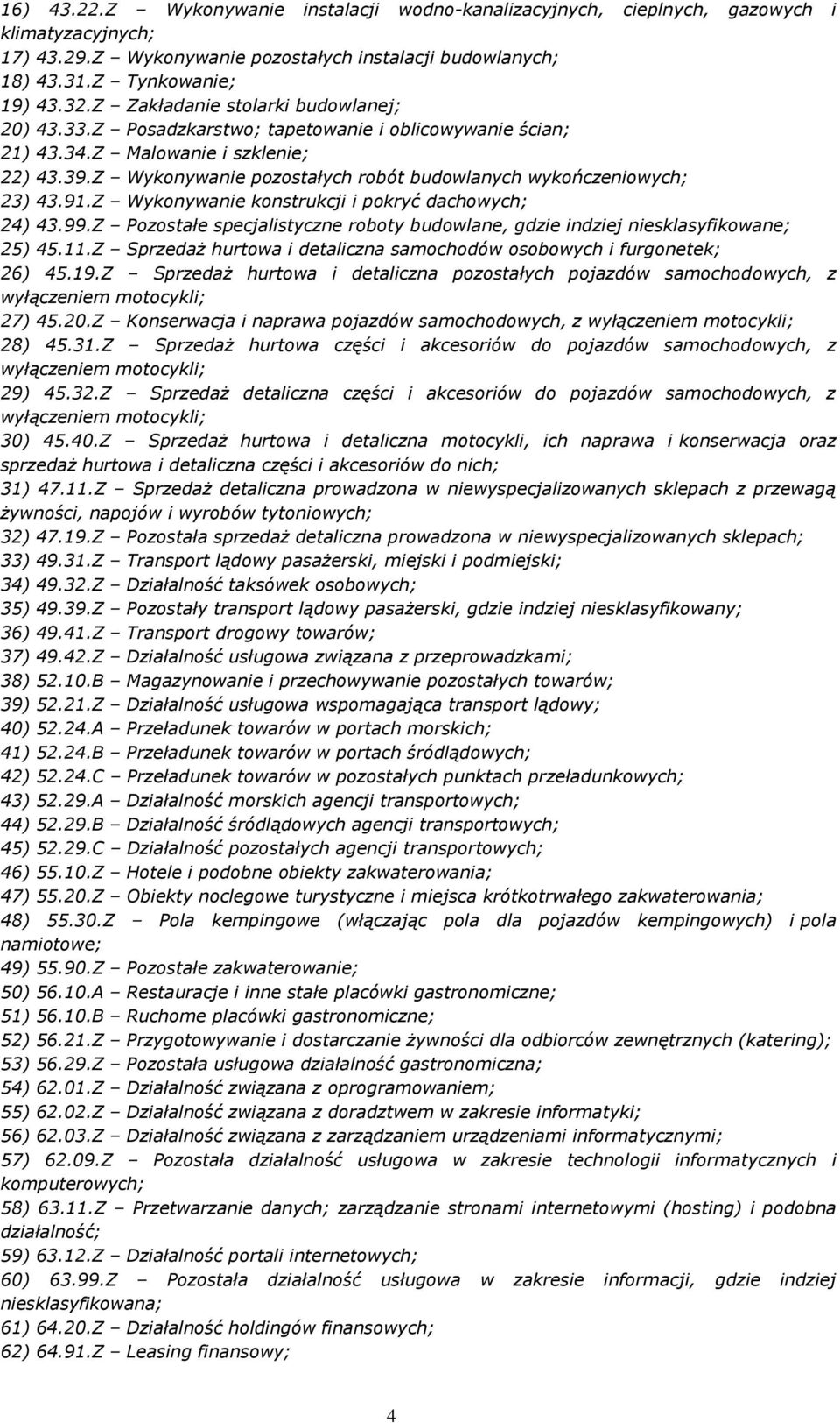 Z Wykonywanie pozostałych robót budowlanych wykończeniowych; 23) 43.91.Z Wykonywanie konstrukcji i pokryć dachowych; 24) 43.99.