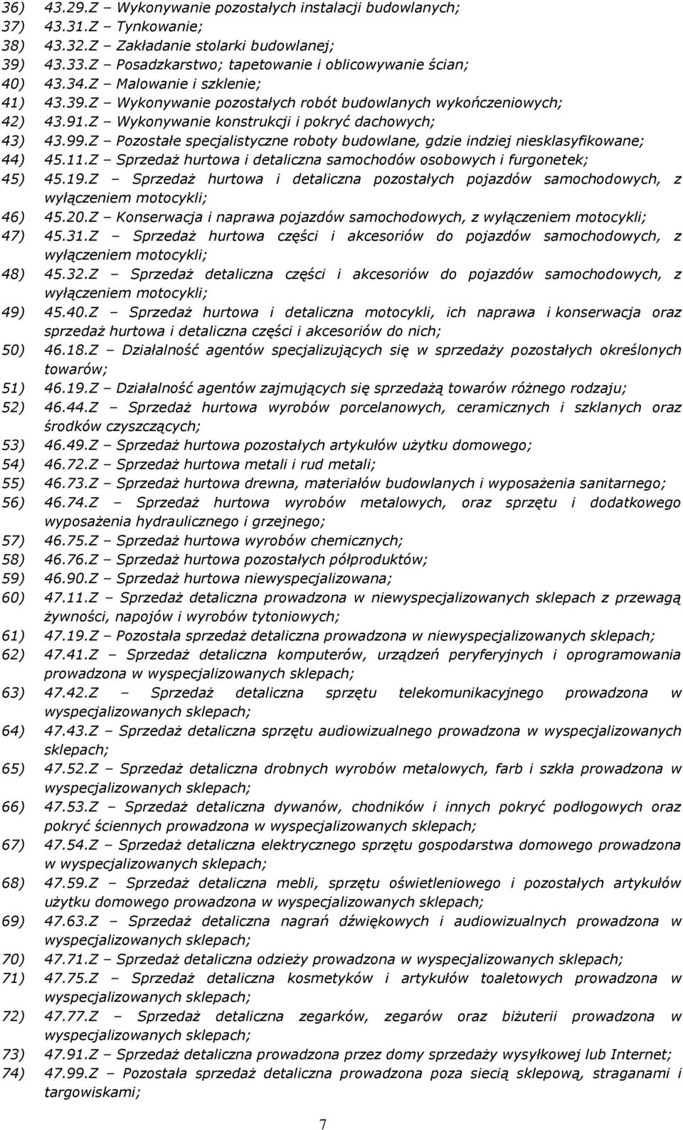 Z Pozostałe specjalistyczne roboty budowlane, gdzie indziej niesklasyfikowane; 44) 45.11.Z Sprzedaż hurtowa i detaliczna samochodów osobowych i furgonetek; 45) 45.19.