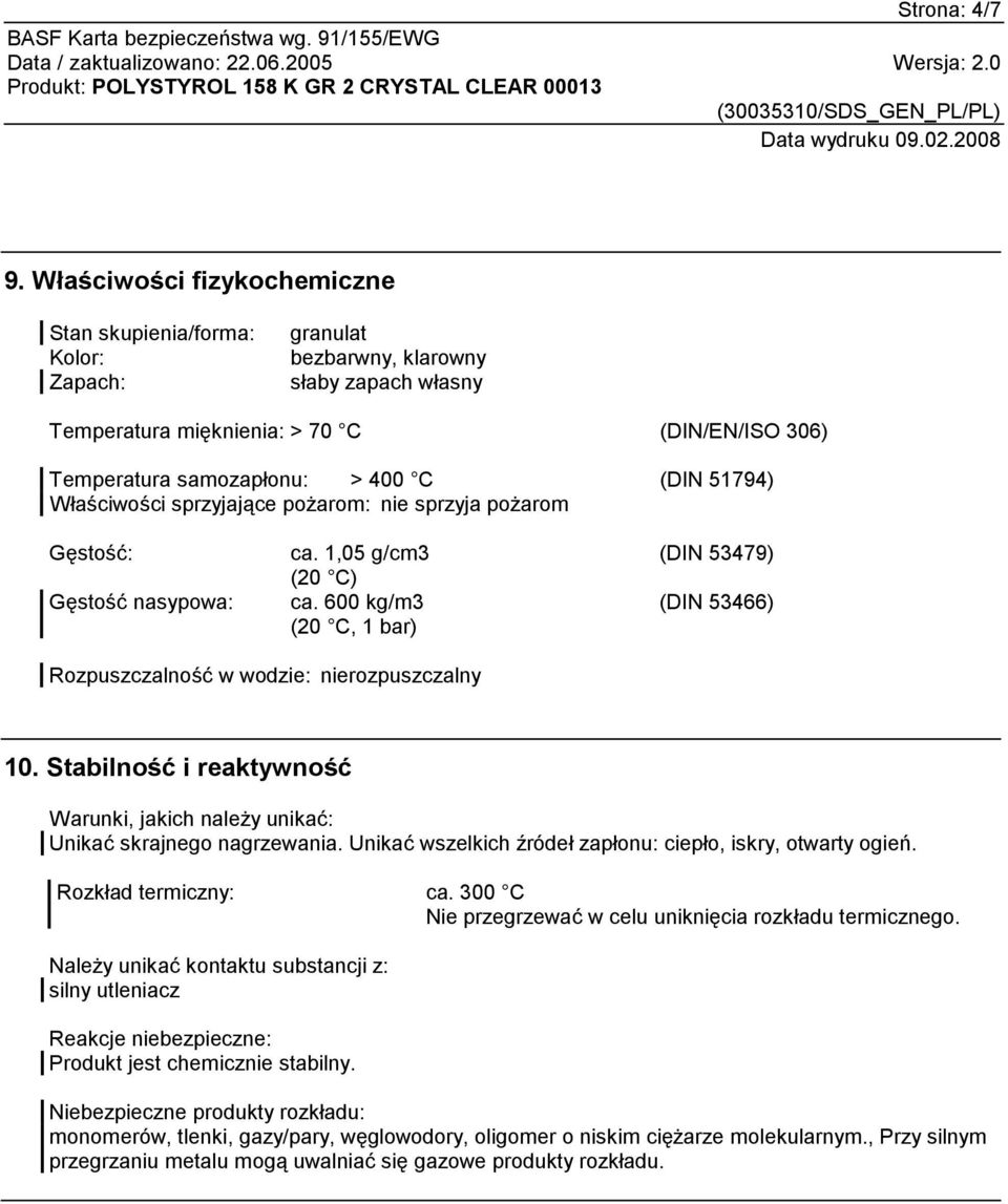 51794) Właściwości sprzyjające pożarom: nie sprzyja pożarom Gęstość: Gęstość nasypowa: ca. 1,05 g/cm3 (20 C) ca.