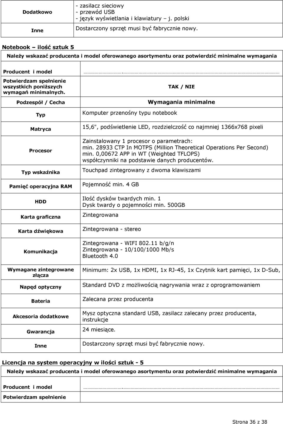 dodatkowe Komputer przenośny typu notebook 15,6", podświetlenie LED, rozdzielczość co najmniej 1366x768 pixeli Zainstalowany 1 procesor o parametrach: min.