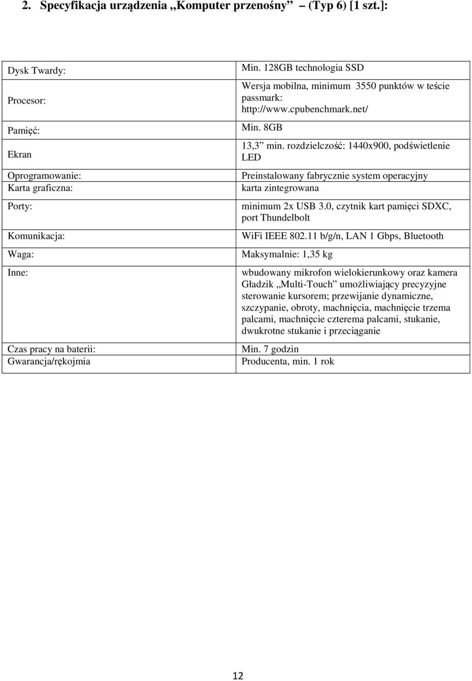 rozdzielczość: 1440x900, podświetlenie LED Preinstalowany fabrycznie system operacyjny karta zintegrowana minimum 2x USB 3.0, czytnik kart pamięci SDXC, port Thundelbolt WiFi IEEE 802.