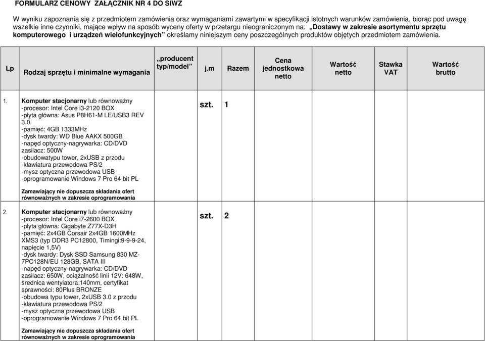 poszczególnych produktów objętych przedmiotem zamówienia. Lp Rodzaj sprzętu i minimalne wymagania producent typ/model j.m Razem Cena jednostkowa netto Wartość netto Stawka VAT Wartość brutto 1.