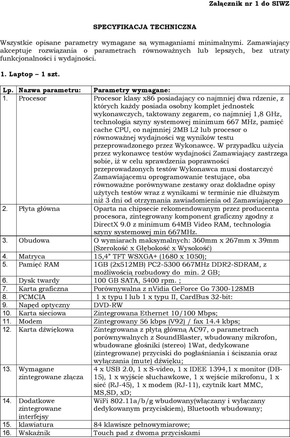 Procesor Procesor klasy x86 posiadający co najmniej dwa rdzenie, z których każdy posiada osobny komplet jednostek wykonawczych, taktowany zegarem, co najmniej 1,8 GHz, technologia szyny systemowej