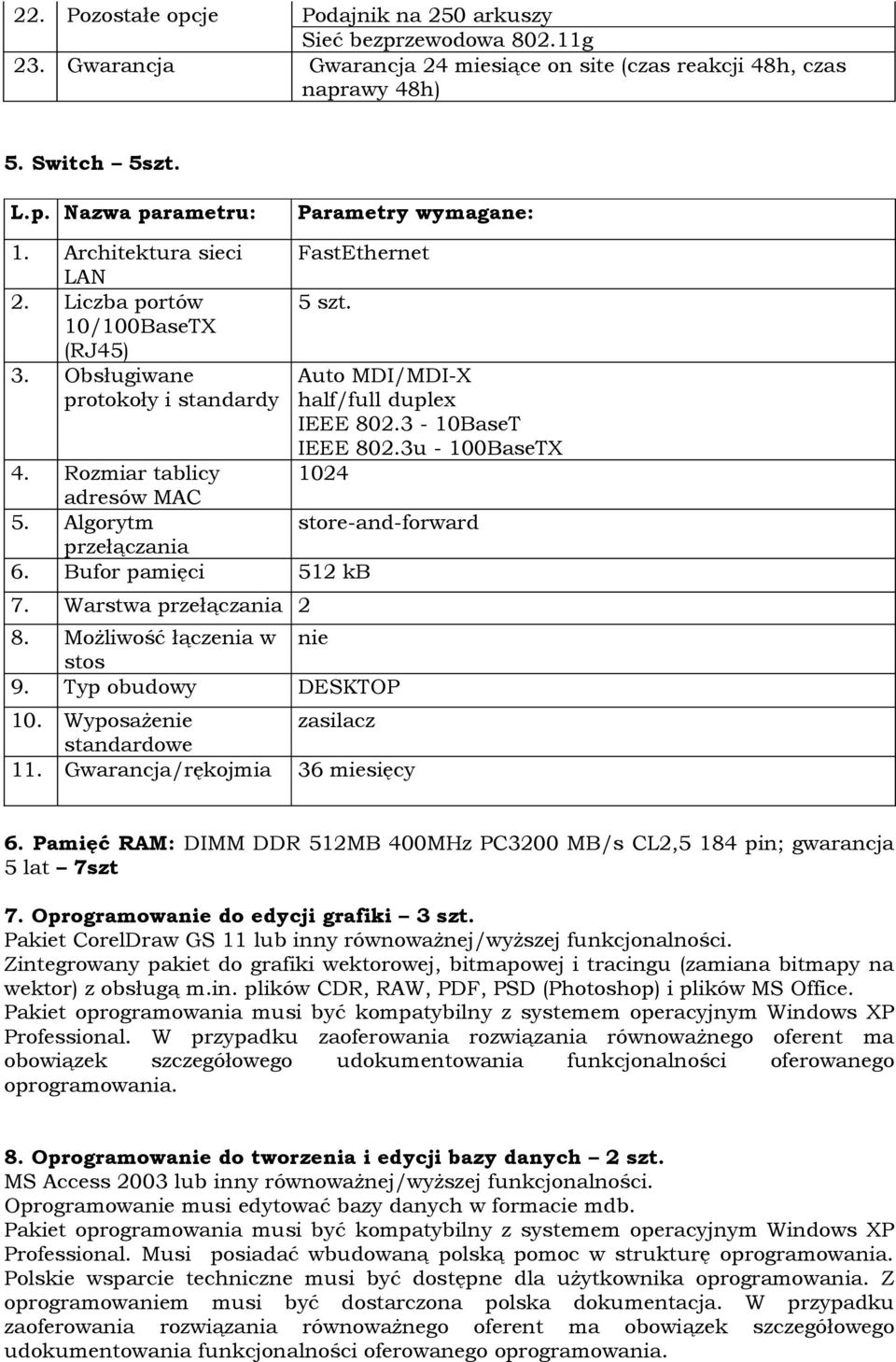 Rozmiar tablicy adresów MAC 5. Algorytm store-and-forward przełączania 6. Bufor pamięci 512 kb 7. Warstwa przełączania 2 8. Możliwość łączenia w nie stos 9. Typ obudowy DESKTOP 10.