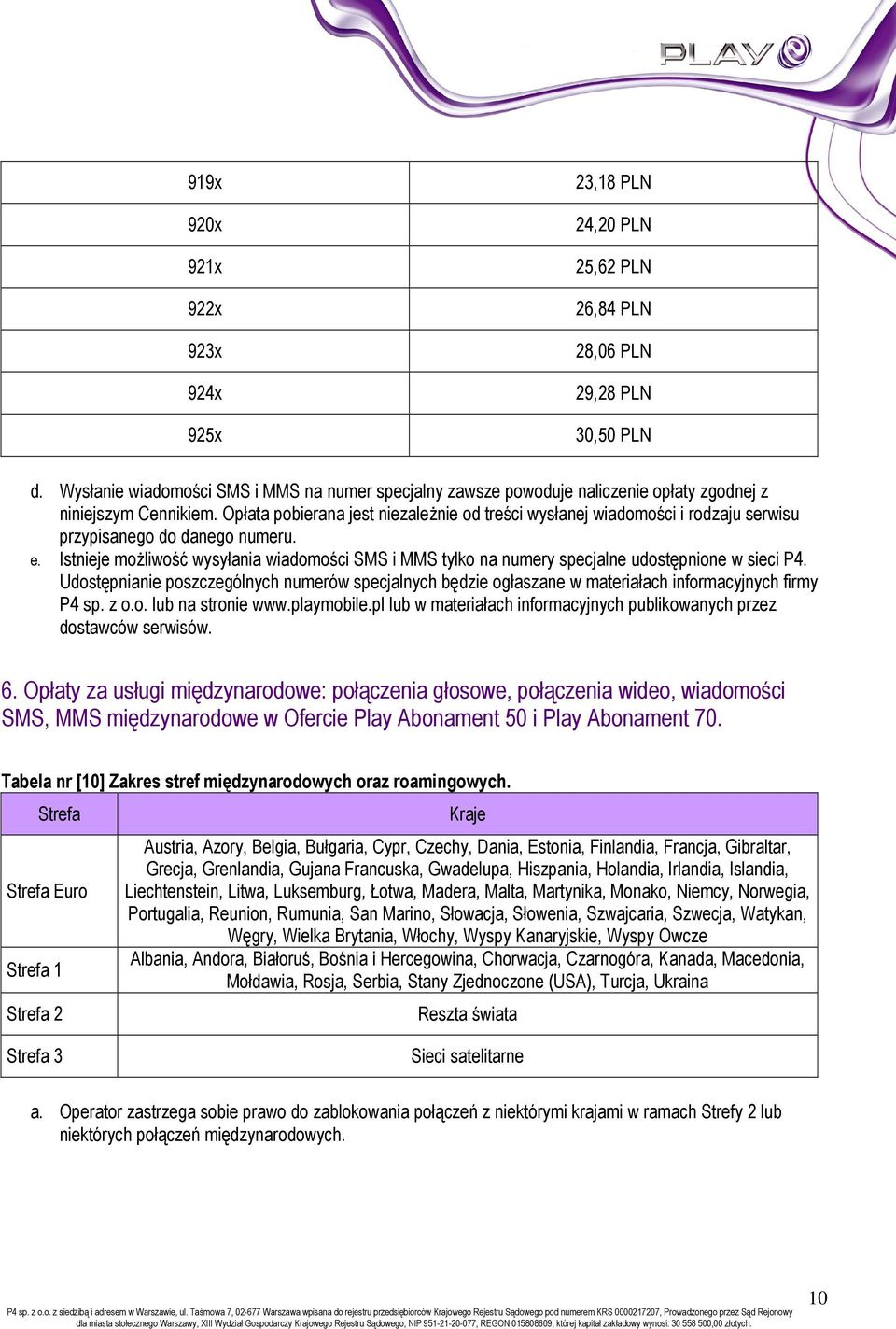 Opłata pobierana jest niezaleŝnie od treści wysłanej wiadomości i rodzaju serwisu przypisanego do danego numeru. e.