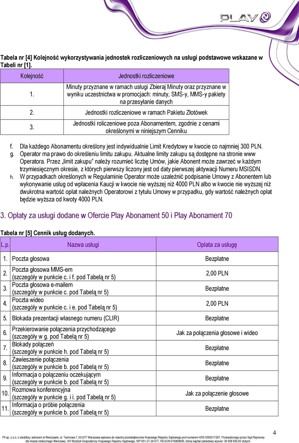 Jednostki rozliczeniowe w ramach Pakietu Złotówek 3. Jednostki roliczeniowe poza Abonamentem, zgodnie z cenami określonymi w niniejszym Cenniku f.