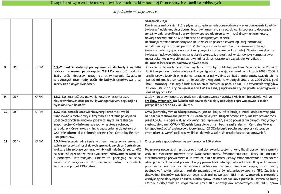 3.2. Konieczność oszacowania kosztów leczenia osób nieuprawnionych oraz przewidywanego wpływu regulacji na wysokość tych kosztów. 10. OSR KPRM 2.3.3.Konieczność omówienia synergii oraz możliwości