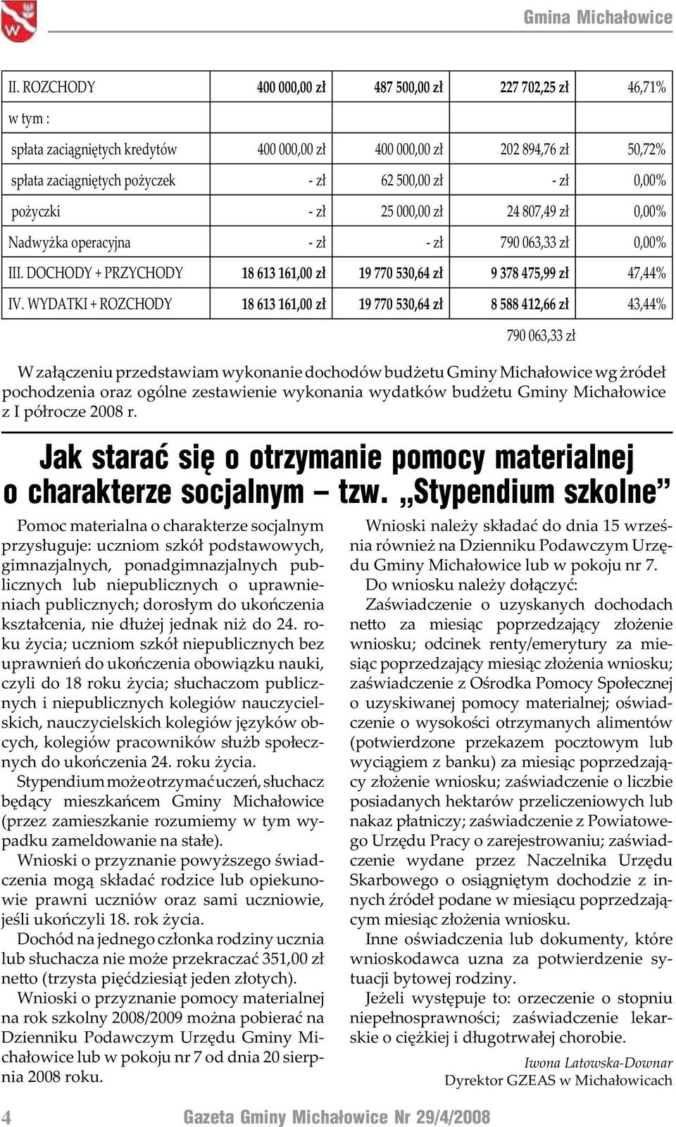 WYDATKI + ROZCHODY 18 613 161,00 zł 19 770 530,64 zł 8 588 412,66 zł 43,44% 790 063,33 zł W załączeniu przedstawiam wykonanie dochodów budżetu Gminy Michałowice wg żródeł pochodzenia oraz ogólne