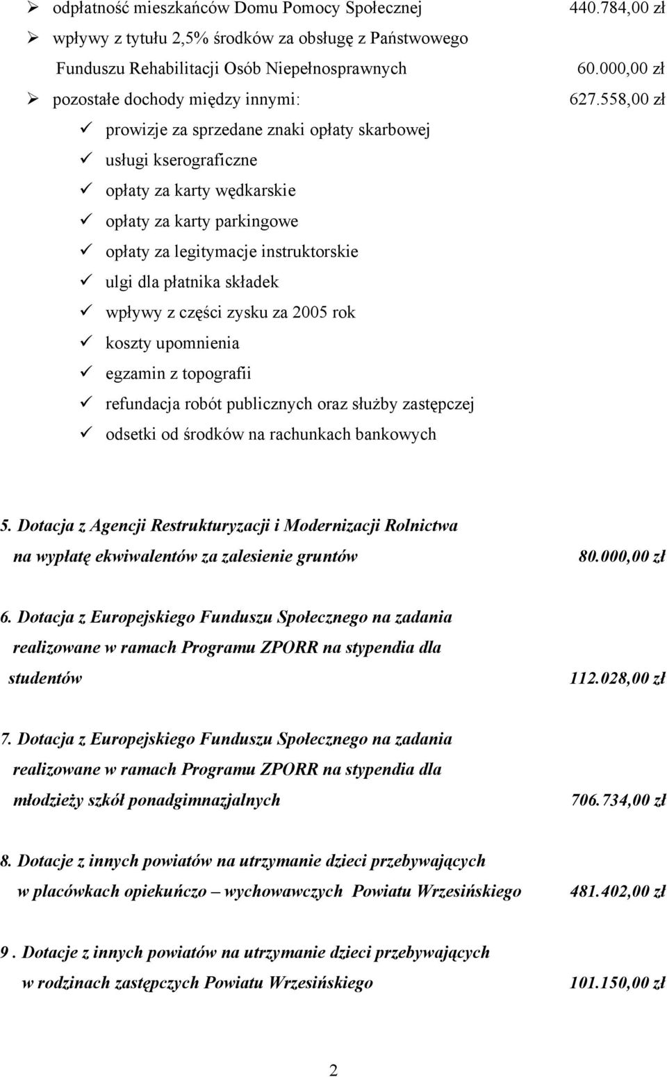 2005 rok koszty upomnienia egzamin z topografii refundacja robót publicznych oraz służby zastępczej odsetki od środków na rachunkach bankowych 440.784,00 zł 60.000,00 zł 627.558,00 zł 5.