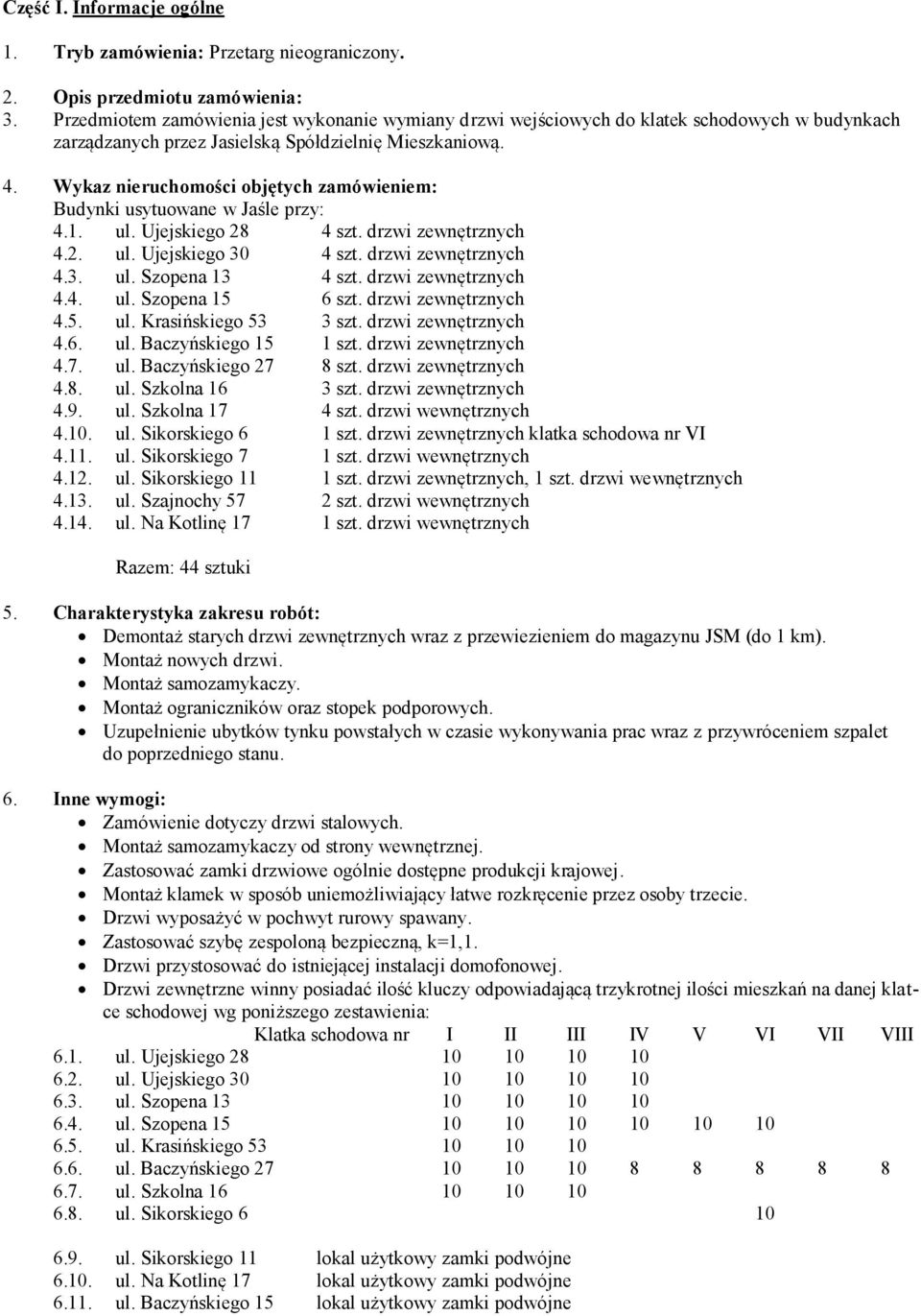 Wykaz nieruchomości objętych zamówieniem: Budynki usytuowane w Jaśle przy: 4.1. ul. Ujejskiego 28 4 szt. drzwi zewnętrznych 4.2. ul. Ujejskiego 30 4 szt. drzwi zewnętrznych 4.3. ul. Szopena 13 4 szt.