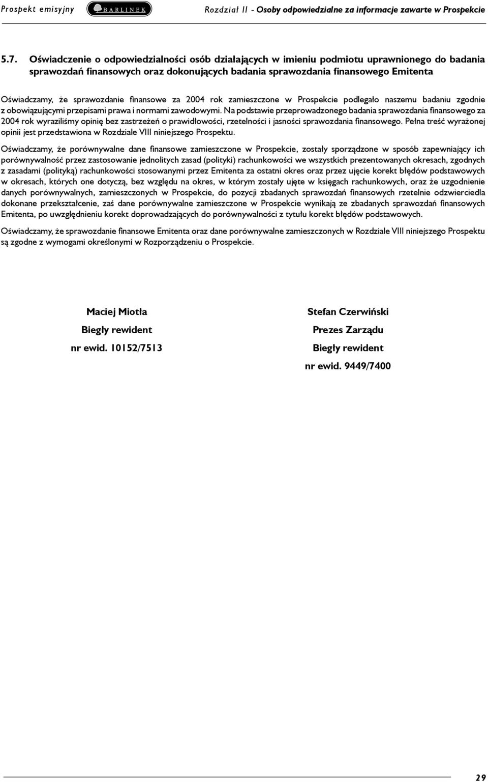 sprawozdanie finansowe za 2004 rok zamieszczone w Prospekcie podlegało naszemu badaniu zgodnie z obowiązującymi przepisami prawa i normami zawodowymi.