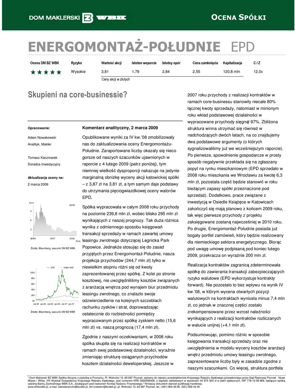 Indeks WIG 1050 850 650 450 250 50 cze 05 gru 05 cze 06 gru 06 cze 07 gru 07 Źródło: Bloomberg, szacunki DM BZ WBK Komentarz analityczny, 2 marca 2009 Opublikowane wyniki za IV kw.