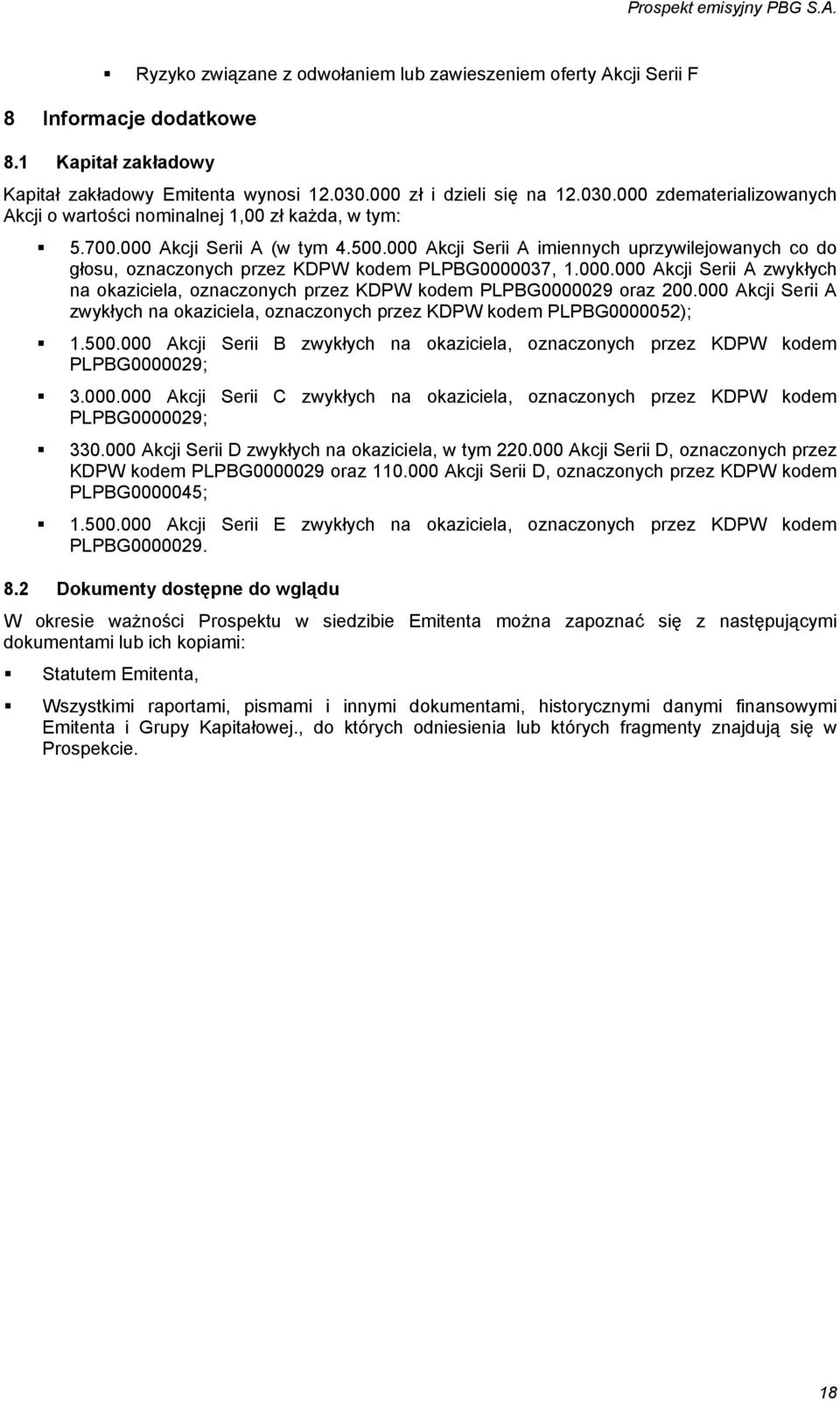 000 Akcji Serii A imiennych uprzywilejowanych co do głosu, oznaczonych przez KDPW kodem PLPBG0000037, 1.000.000 Akcji Serii A zwykłych na okaziciela, oznaczonych przez KDPW kodem PLPBG0000029 oraz 200.