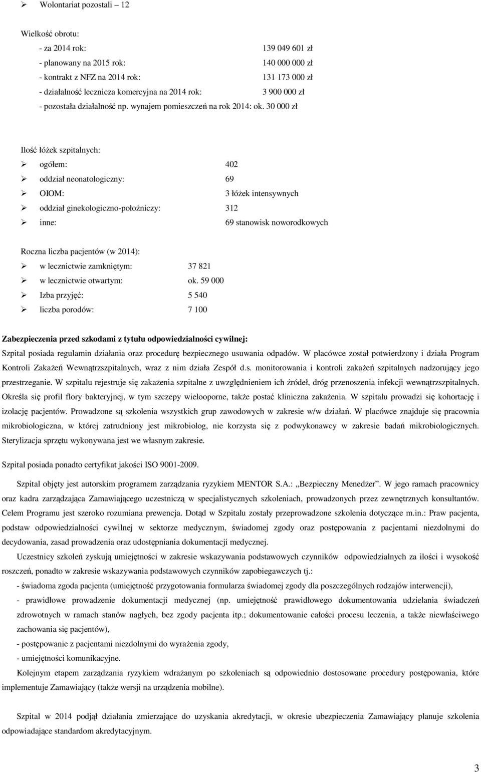 30 000 zł Ilość łóżek szpitalnych: ogółem: 402 oddział neonatologiczny: 69 OIOM: 3 łóżek intensywnych oddział ginekologiczno-położniczy: 312 inne: 69 stanowisk noworodkowych Roczna liczba pacjentów