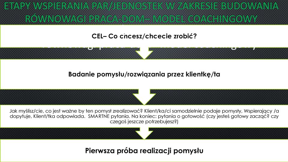 równowagi praca-dom model coachingowy Badanie pomysłu/rozwiązania przez klientkę/ta Jak myślisz/cie, co jest ważne by ten pomysł