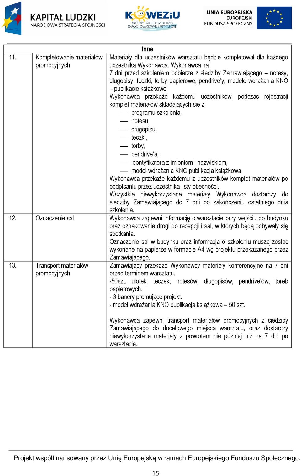 Wykonawca przekaŝe kaŝdemu uczestnikowi podczas rejestracji komplet materiałów składających się z: programu szkolenia, notesu, długopisu, teczki, torby, pendrive a, identyfikatora z imieniem i