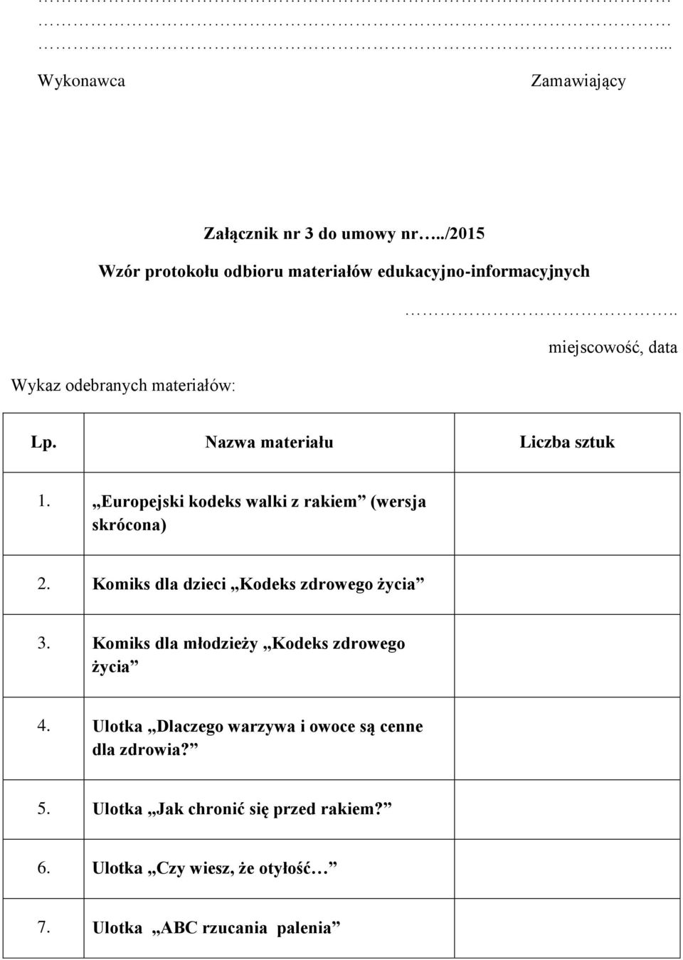 Europejski kodeks walki z rakiem (wersja skrócona) 2. Komiks dla dzieci Kodeks zdrowego życia 3.