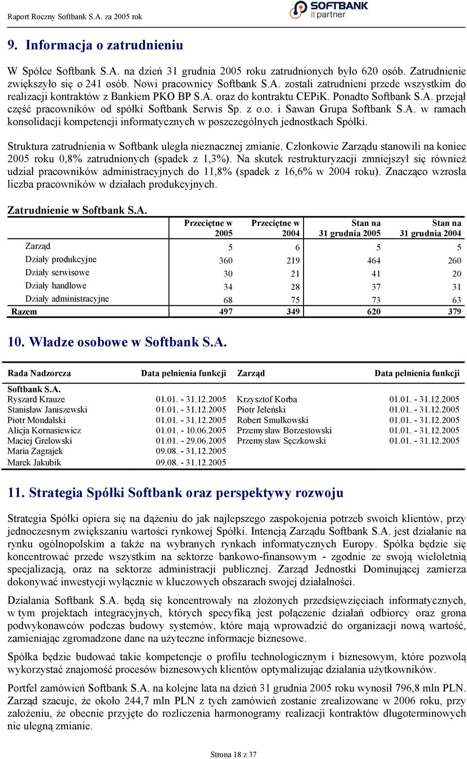 Struktura zatrudnienia w Softbank uległa nieznacznej zmianie. Członkowie Zarządu stanowili na koniec 2005 roku 0,8% zatrudnionych (spadek z 1,3%).