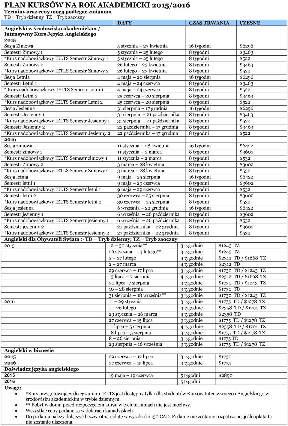 tygodni $522 Semestr Zimowy 2 26 lutego 23 kwietnia 8 tygodni $3463 *Kurs nadobowiązkowy IETLS Semestr Zimowy 2 26 lutego 23 kwietnia 8 tygodni $522 Sesja Letnia 4 maja 20 sierpnia 16 tygodni $6296