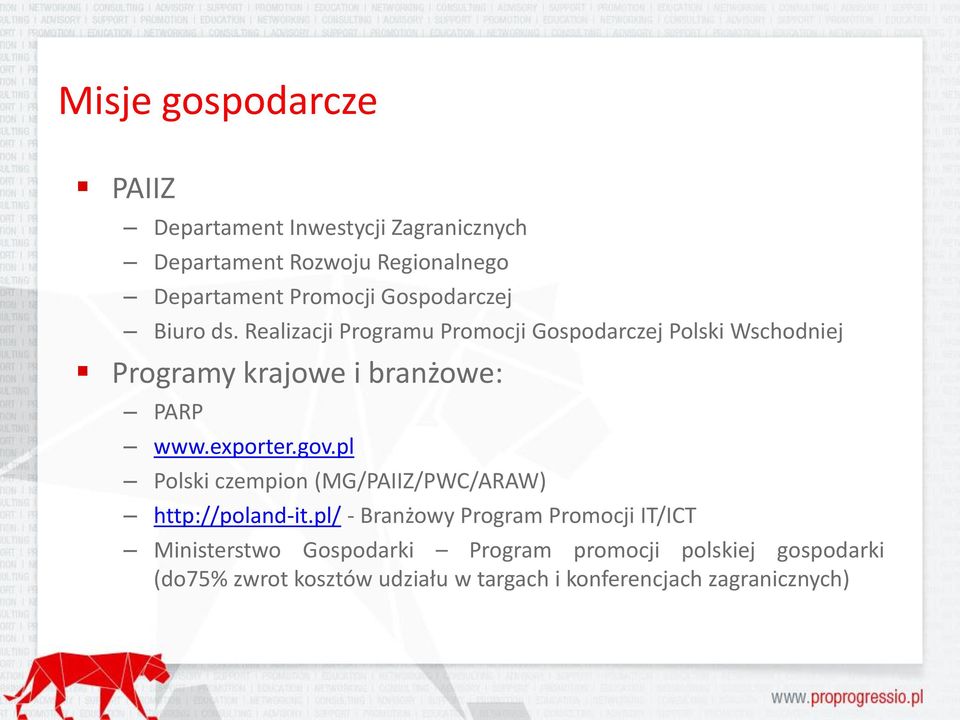 Realizacji Programu Promocji Gospodarczej Polski Wschodniej Programy krajowe i branżowe: PARP www.exporter.gov.