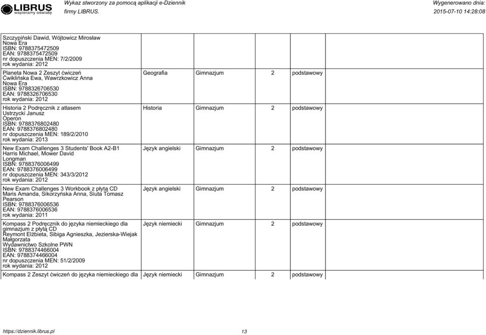 9788700499 nr dopuszczenia MEN: 4//01 Język angielski New Exam Challenges Workbook z płytą CD Maris Amanda, Sikorzyńska Anna, Siuta Tomasz Pearson 9788700 9788700 011 Język angielski Kompass