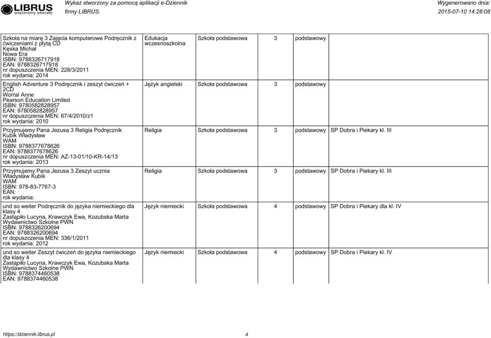 dopuszczenia MEN: AZ-1-01/10-KR-14/1 01 SP Dobra i Piekary kl. III Przyjmujemy Pana Jezusa Zeszyt ucznia Władysław Kubik 978-8-777- SP Dobra i Piekary kl.