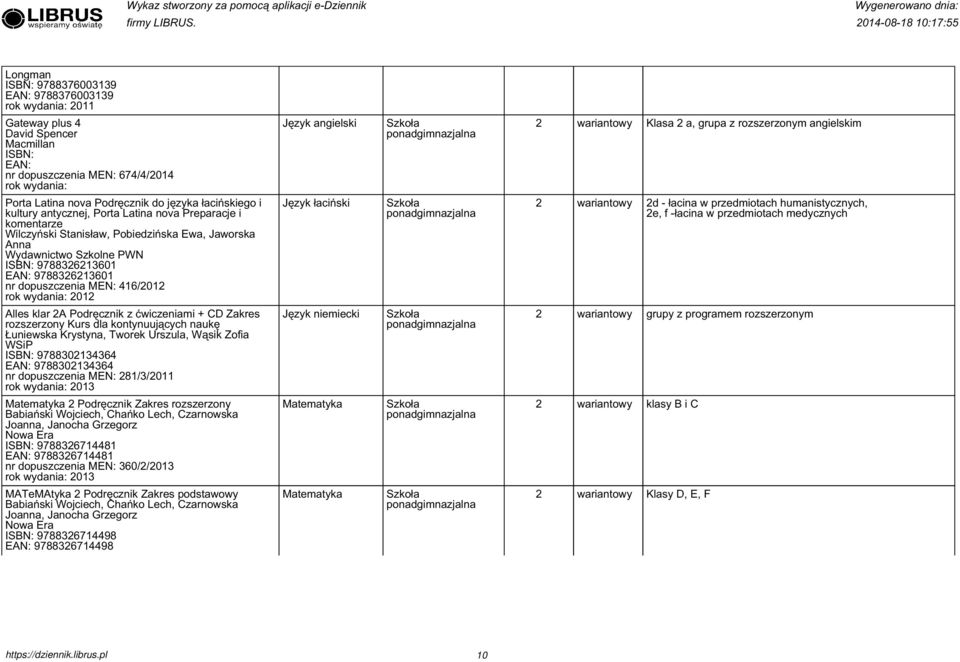 Język łaciński d - łacina w przedmiotach humanistycznych, e, f -łacina w przedmiotach medycznych Alles klar A Podręcznik z ćwiczeniami + CD Zakres rozszerzony Kurs dla kontynuujących naukę Łuniewska