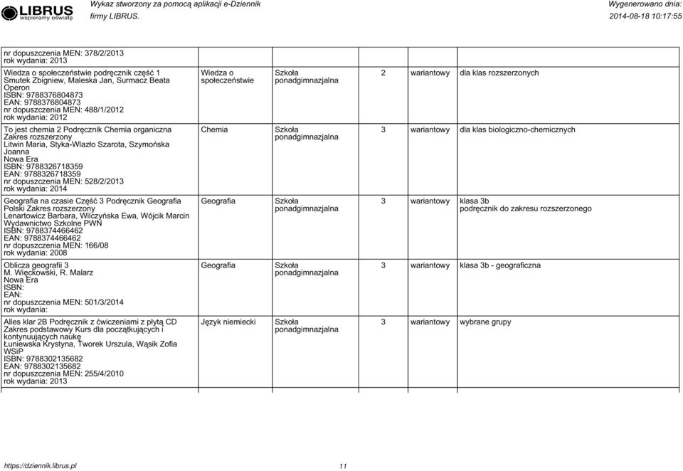 58//0 04 Chemia dla klas biologiczno-chemicznych Geografia na czasie Część Podręcznik Geografia Polski Zakres rozszerzony Lenartowicz Barbara, Wilczyńska Ewa, Wójcik Marcin Wydawnictwo Szkolne PWN