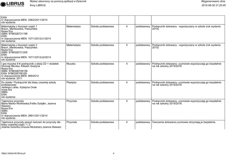 Grażyna 97887099 97887099 nr dopuszczenia MEN: 9/0 0 Muzyka 4 Podręcznik dotowany- uczniowie wypożyczają go bezpłatnie na rok szkolny 0/0 Do dzieła!