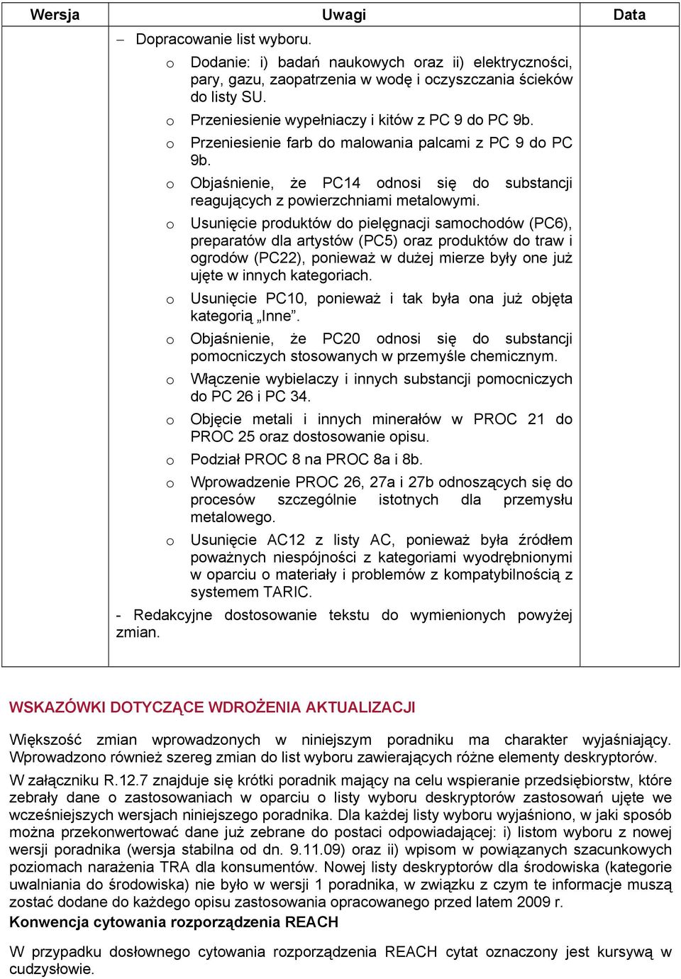 o Usunięcie produktów do pielęgnacji samochodów (PC6), preparatów dla artystów (PC5) oraz produktów do traw i ogrodów (PC22), ponieważ w dużej mierze były one już ujęte w innych kategoriach.