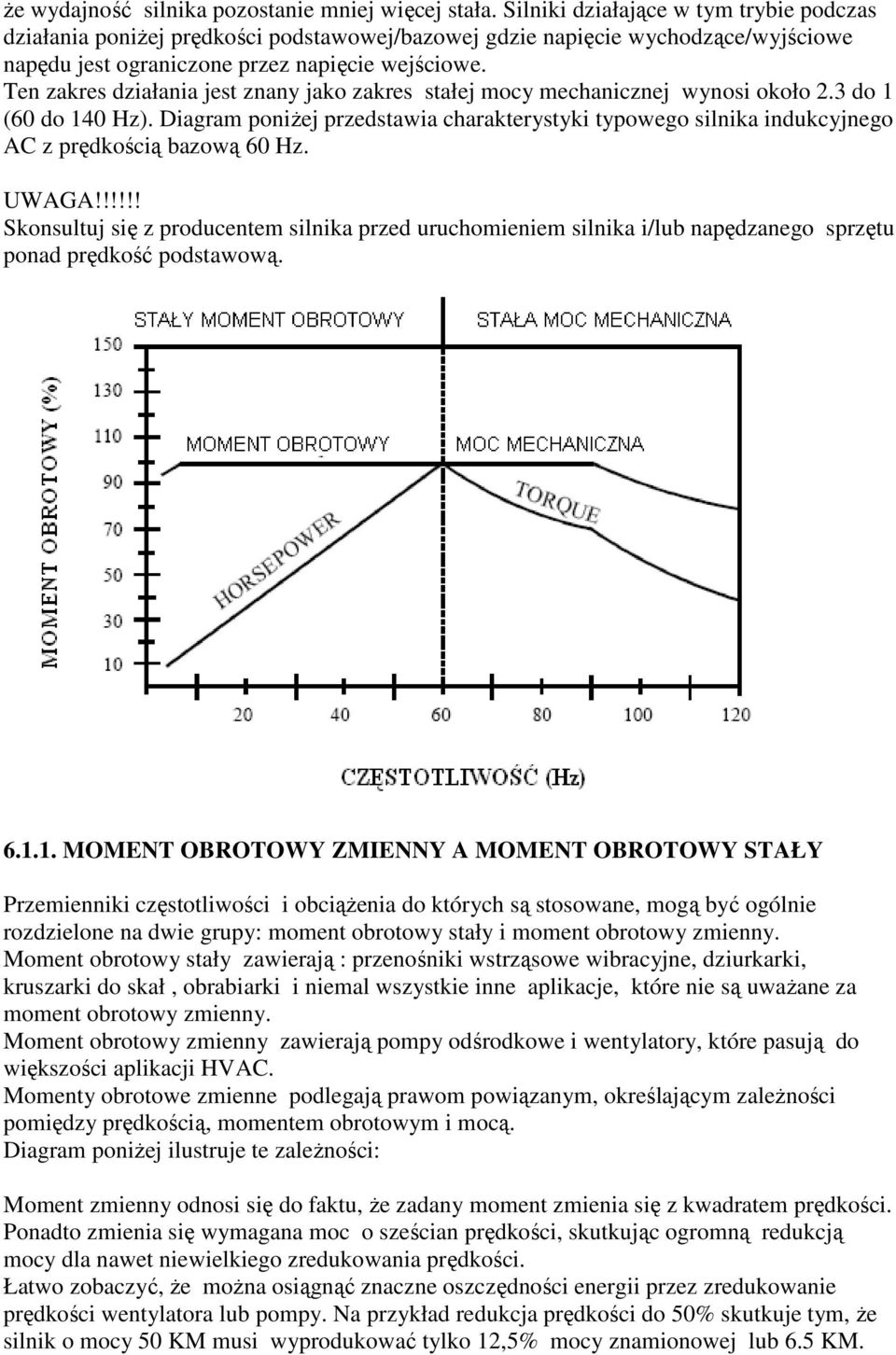 Ten zakres działania jest znany jako zakres stałej mocy mechanicznej wynosi około 2.3 do 1 (60 do 140 Hz).
