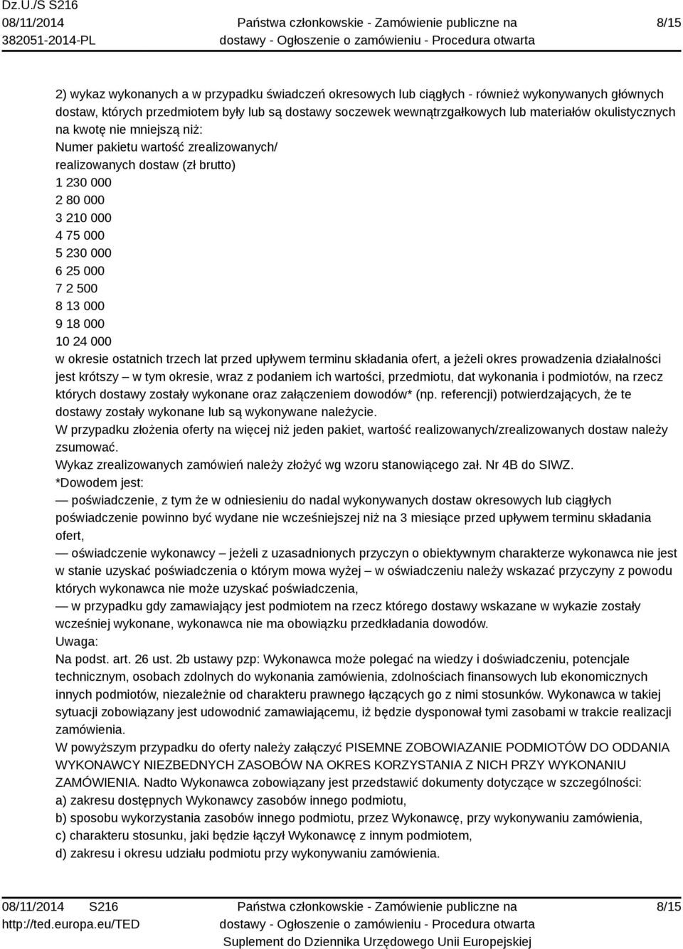 24 000 w okresie ostatnich trzech lat przed upływem terminu składania ofert, a jeżeli okres prowadzenia działalności jest krótszy w tym okresie, wraz z podaniem ich wartości, przedmiotu, dat