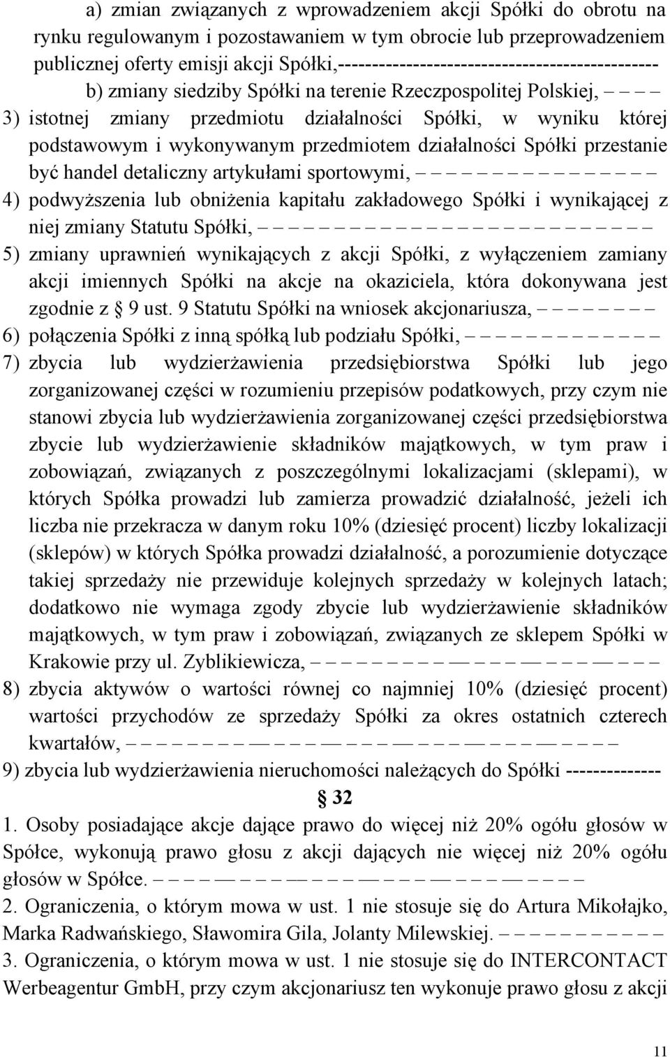 wykonywanym przedmiotem działalności Spółki przestanie być handel detaliczny artykułami sportowymi, 4) podwyższenia lub obniżenia kapitału zakładowego Spółki i wynikającej z niej zmiany Statutu