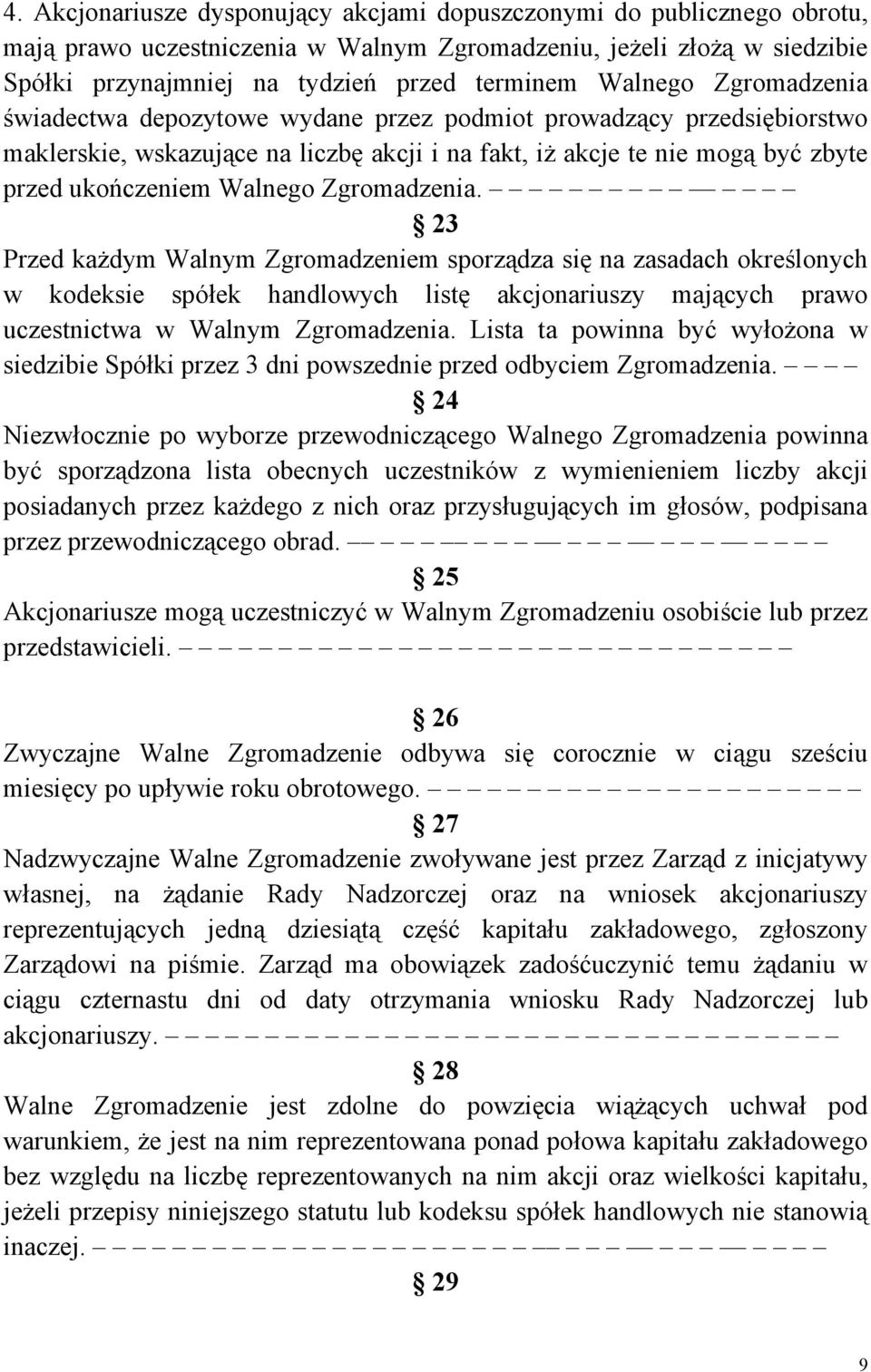 Zgromadzenia. 23 Przed każdym Walnym Zgromadzeniem sporządza się na zasadach określonych w kodeksie spółek handlowych listę akcjonariuszy mających prawo uczestnictwa w Walnym Zgromadzenia.