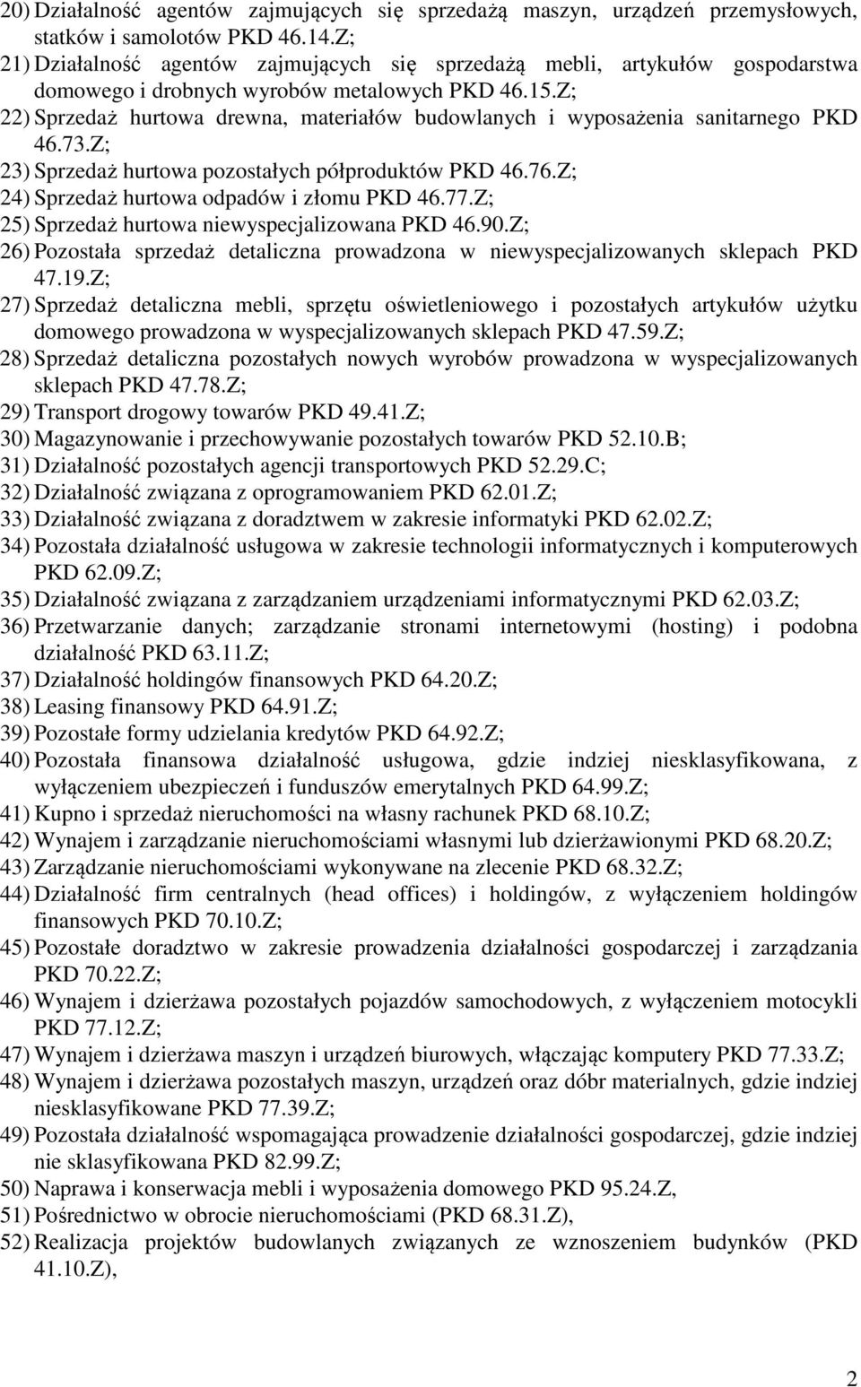 Z; 22) Sprzedaż hurtowa drewna, materiałów budowlanych i wyposażenia sanitarnego PKD 46.73.Z; 23) Sprzedaż hurtowa pozostałych półproduktów PKD 46.76.Z; 24) Sprzedaż hurtowa odpadów i złomu PKD 46.77.