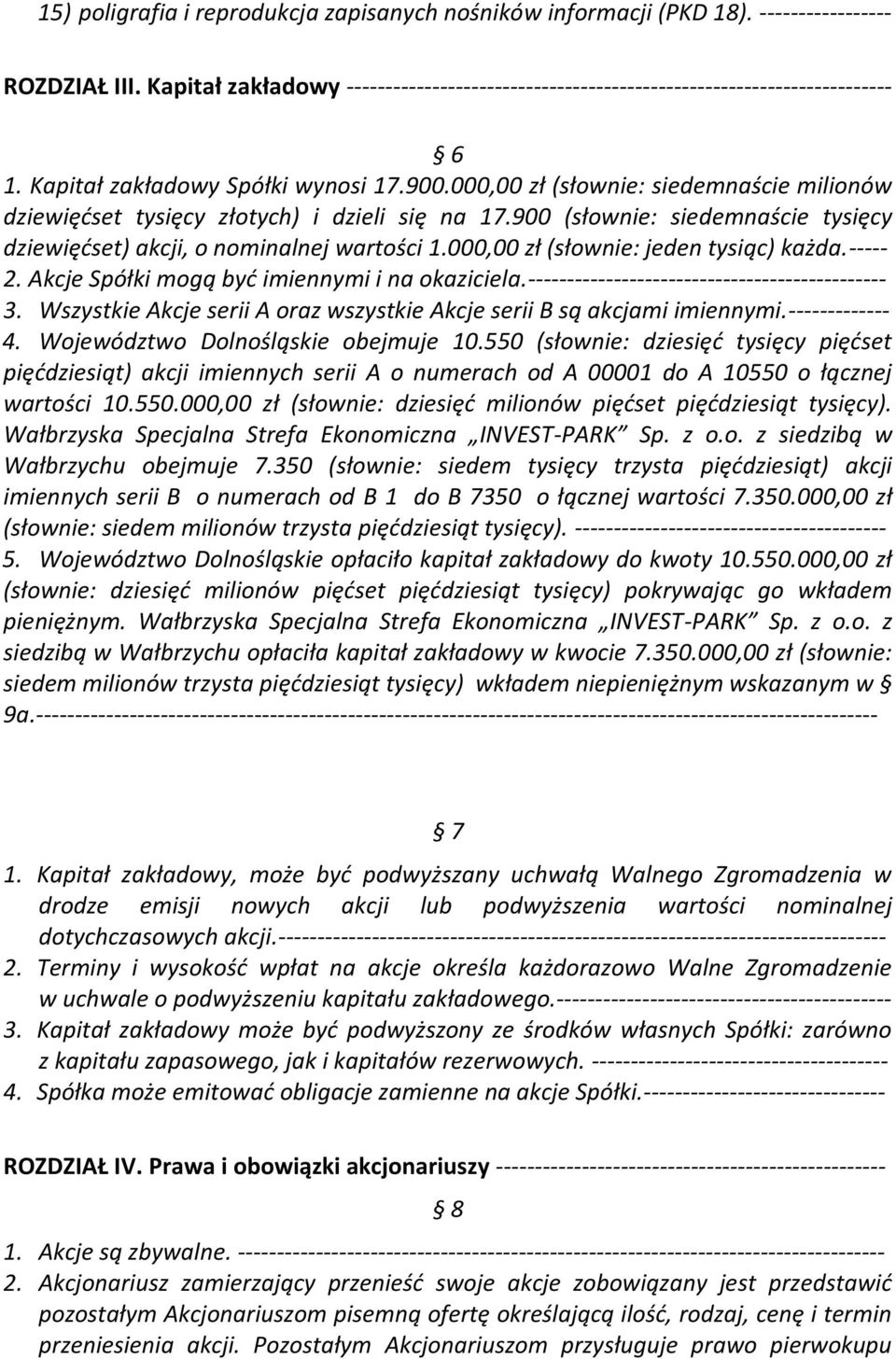 900 (słownie: siedemnaście tysięcy dziewiędset) akcji, o nominalnej wartości 1.000,00 zł (słownie: jeden tysiąc) każda.----- 2. Akcje Spółki mogą byd imiennymi i na okaziciela.