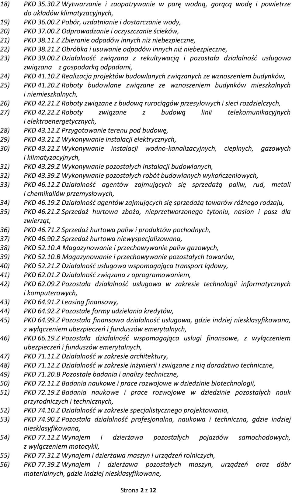 Z Działalność związana z rekultywacją i pozostała działalność usługowa związana z gospodarką odpadami, 24) PKD 41.10.Z Realizacja projektów budowlanych związanych ze wznoszeniem budynków, 25) PKD 41.