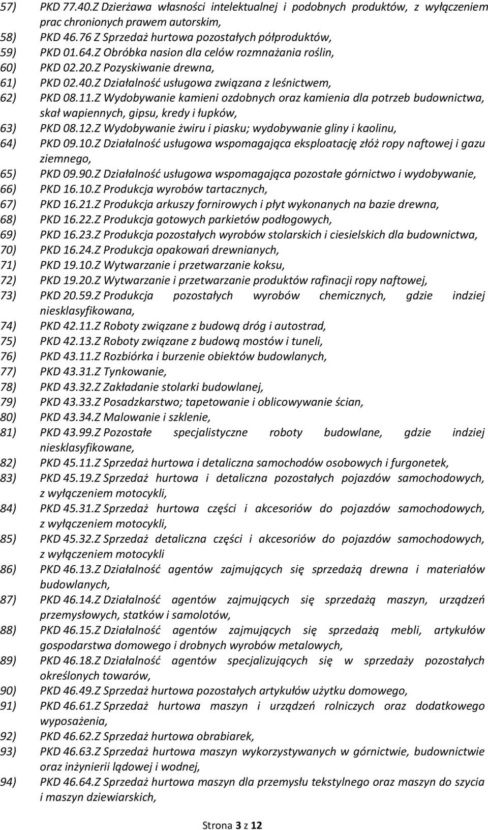 Z Wydobywanie kamieni ozdobnych oraz kamienia dla potrzeb budownictwa, skał wapiennych, gipsu, kredy i łupków, 63) PKD 08.12.Z Wydobywanie żwiru i piasku; wydobywanie gliny i kaolinu, 64) PKD 09.10.