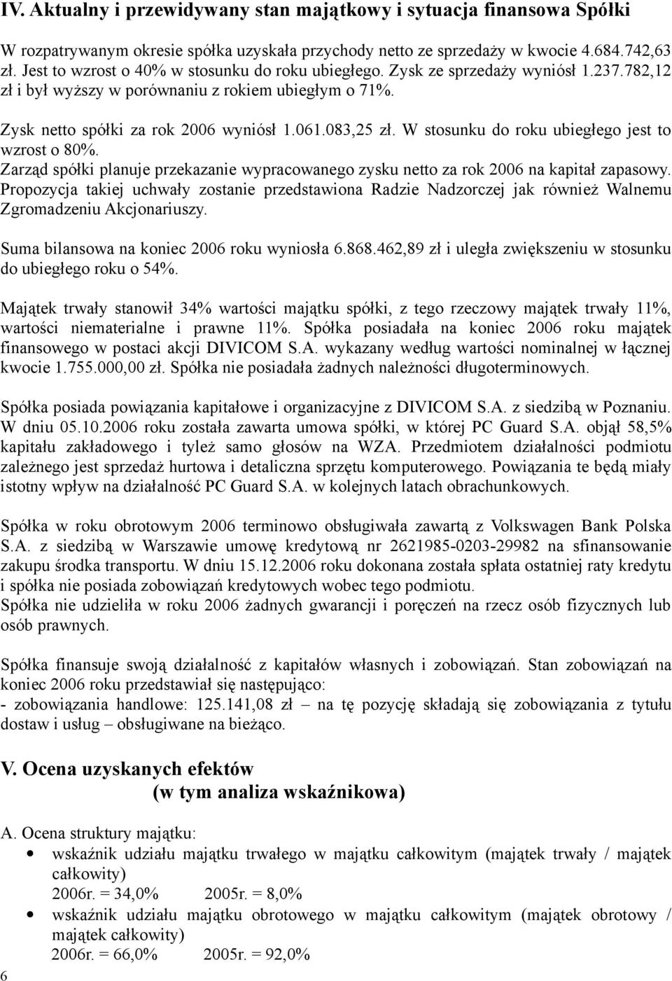 W stosunku do roku ubiegłego jest to wzrost o 80%. Zarząd spółki planuje przekazanie wypracowanego zysku netto za rok 2006 na kapitał zapasowy.