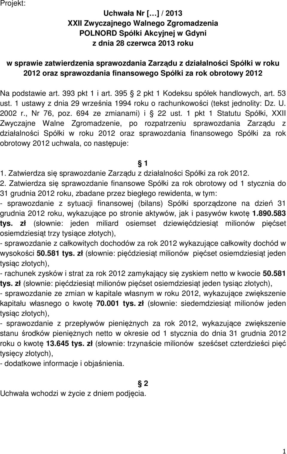 1 pkt 1 Statutu Spółki, XXII Zwyczajne Walne Zgromadzenie, po rozpatrzeniu sprawozdania Zarządu z działalności Spółki w roku 2012 oraz sprawozdania finansowego Spółki za rok obrotowy 2012 uchwala, co