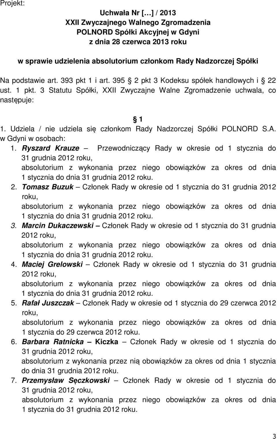 Ryszard Krauze Przewodniczący Rady w okresie od 1 stycznia do 31 grudnia 2. Tomasz Buzuk Członek Rady w okresie od 1 stycznia do 31 grudnia 2012 roku, 3.