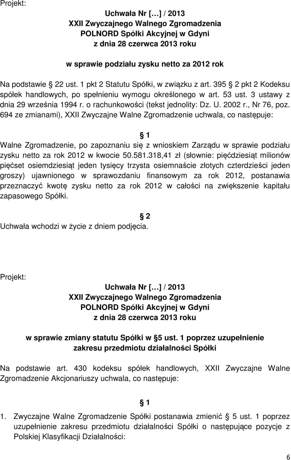 694 ze zmianami), XXII Zwyczajne Walne Zgromadzenie uchwala, co następuje: Walne Zgromadzenie, po zapoznaniu się z wnioskiem Zarządu w sprawie podziału zysku netto za rok 2012 w kwocie 50.581.