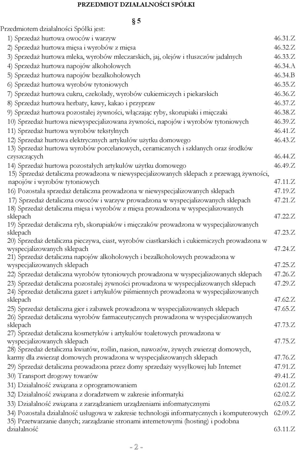 35.Z 7) Sprzedaż hurtowa cukru, czekolady, wyrobów cukierniczych i piekarskich 46.36.Z 8) Sprzedaż hurtowa herbaty, kawy, kakao i przypraw 46.37.