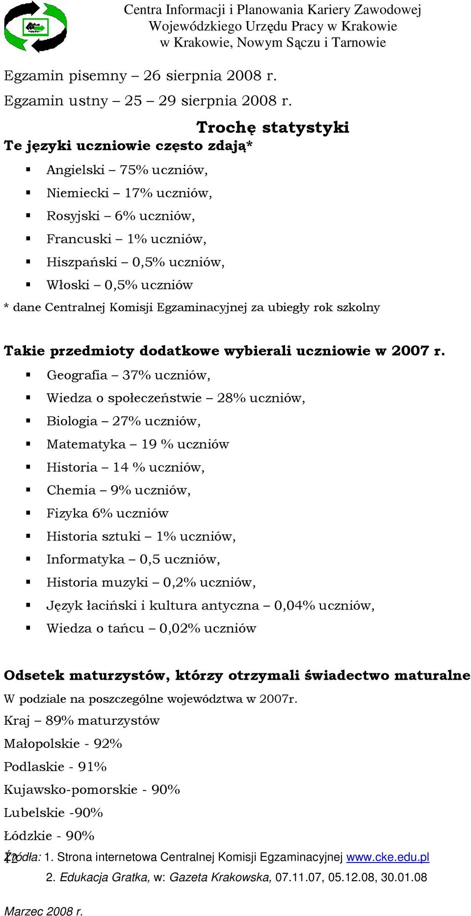 Centralnej Komisji Egzaminacyjnej za ubiegły rok szkolny Takie przedmioty dodatkowe wybierali uczniowie w 2007 r.